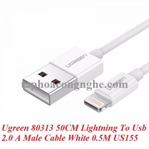 Ugreen 80313 50CM màu trắng cáp Lightning ra Usb 0.5M mạ nickel chống nhiễu có chíp MFI chính hãng US155 30080313
